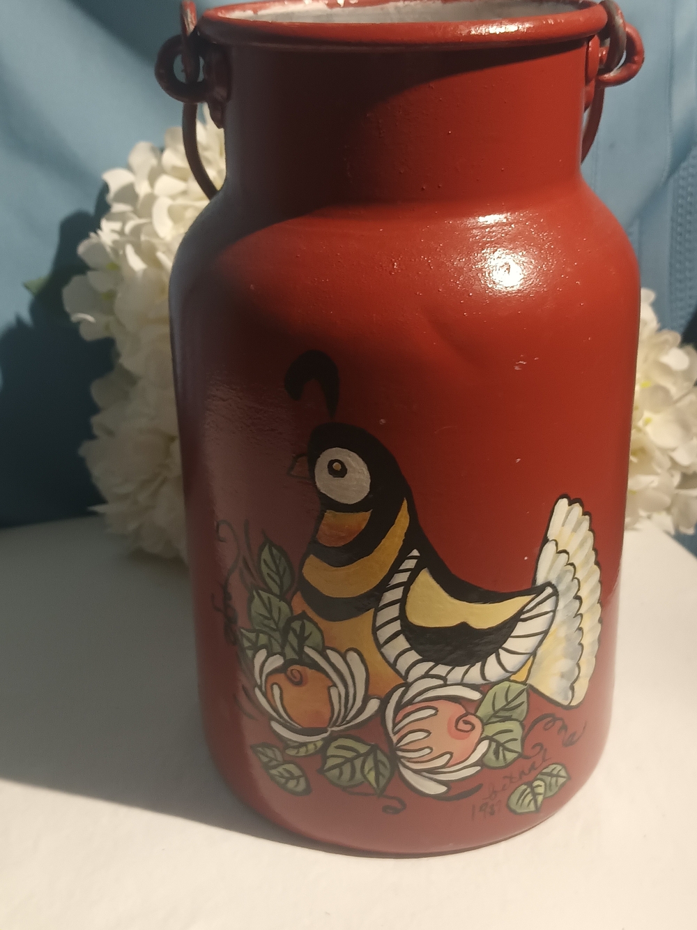 Hand-Painted 1987 Italian Milk Can with Quail Home Accents